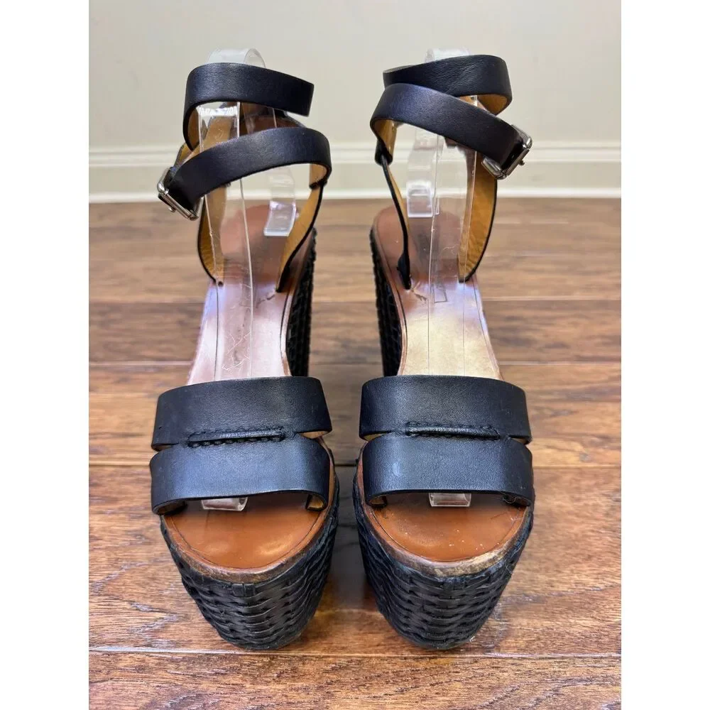 RALPH LAUREN COLLECTION Black/Brown Rattan Ankle Strap Platform Wedges, Sz 8.5B